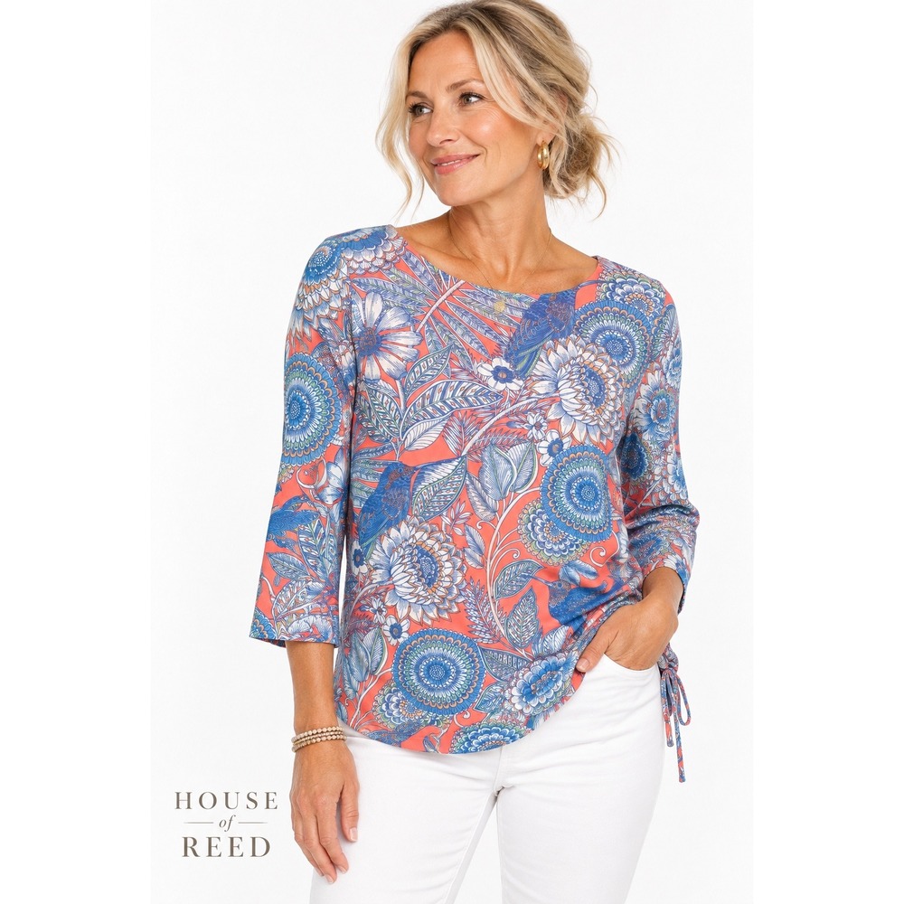 Ruby Rd Womens Coral Blue Floral Hummingbird Print Side Cinch 3/4 Sleeve Top M